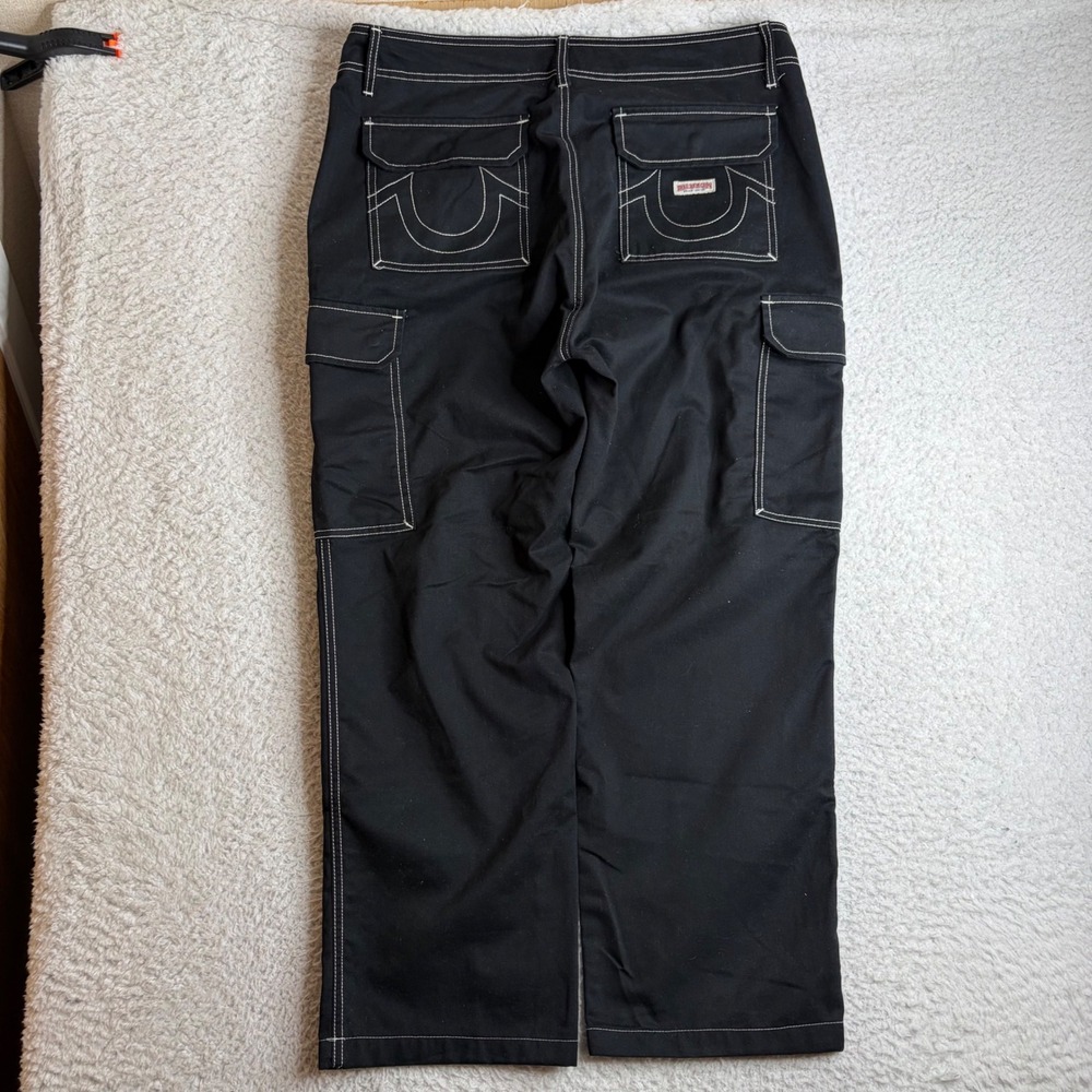 True Religion Mens Black Contrast Stitch Cargo Pants Size 34 (38x29) baggy loose